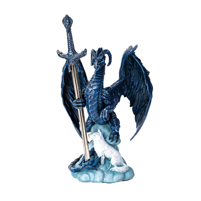 Blue dragon figurine holding a sword letter opener with a white wolf at its feet 