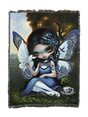 Fairy with butterfly wings holding a dove on a woven blanket
