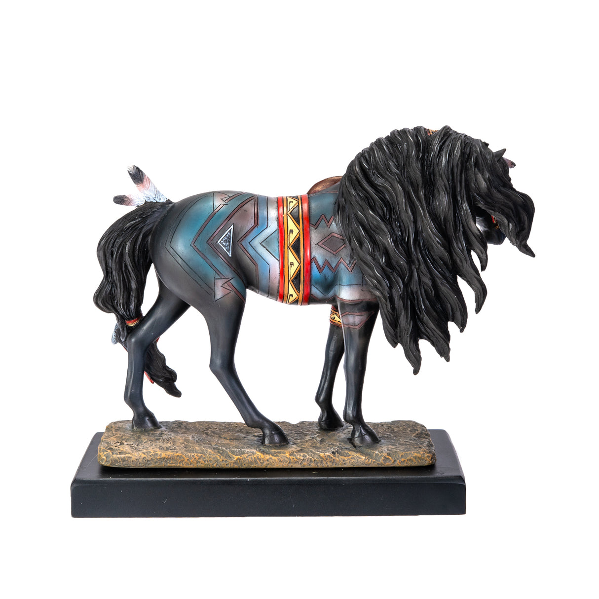 Horse figurine labeled "Sacred Guardian" with southwestern patterns, accessories and feathers, shown from the back