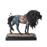 Horse figurine labeled "Sacred Guardian" with southwestern patterns, accessories and feathers, shown from the back