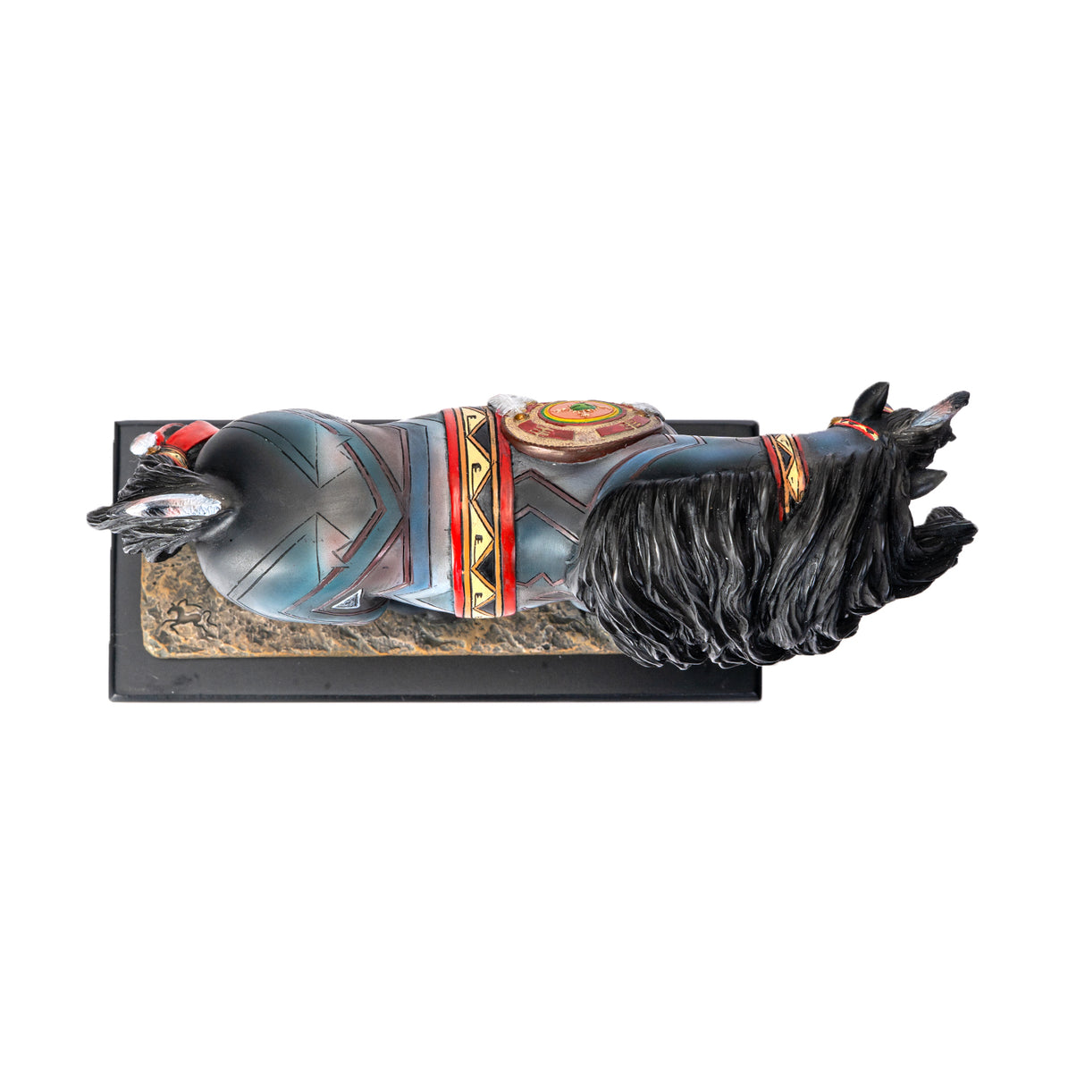 Horse figurine labeled "Sacred Guardian" with southwestern patterns, accessories and feathers, shown top down