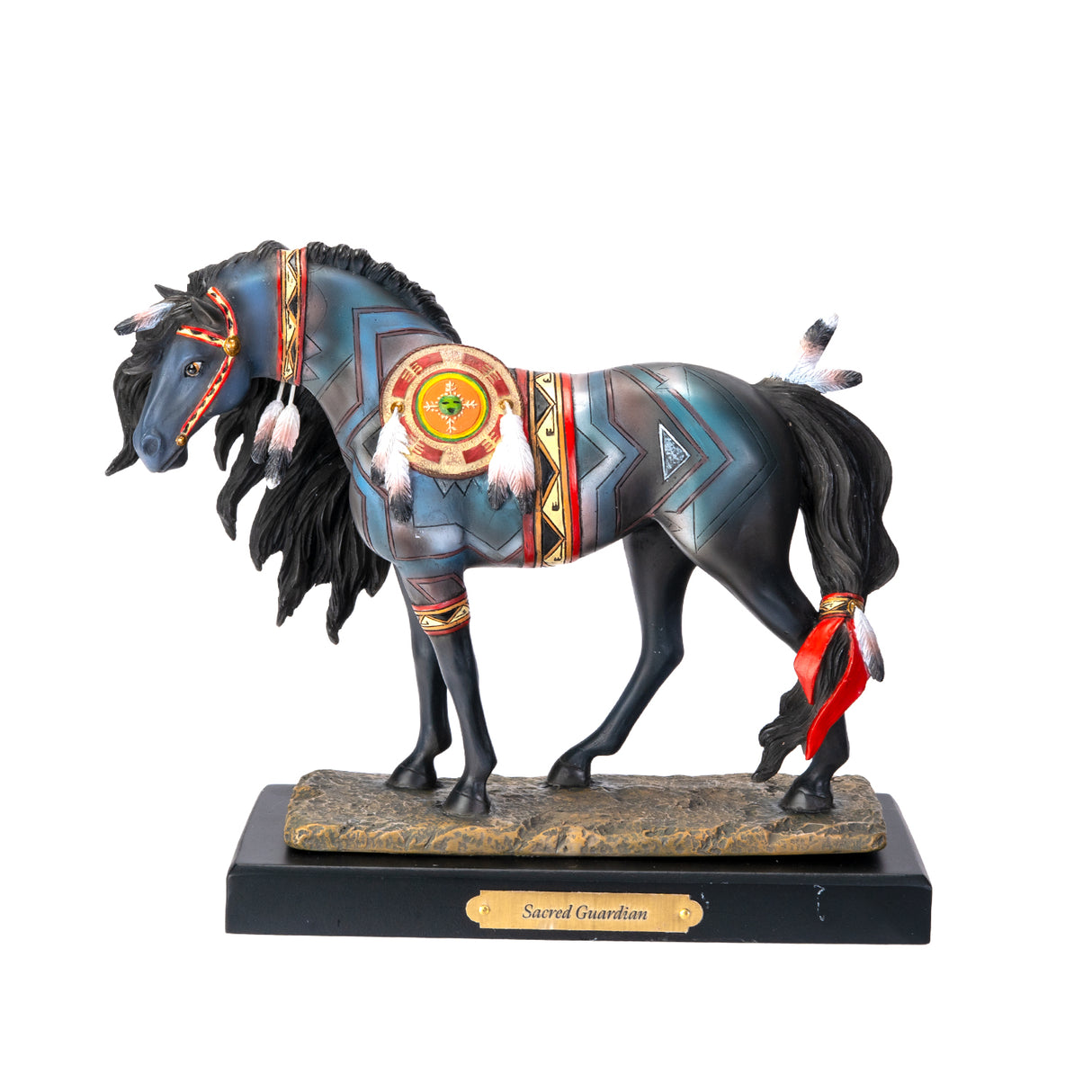Horse figurine labeled "Sacred Guardian" with southwestern patterns, accessories and feathers