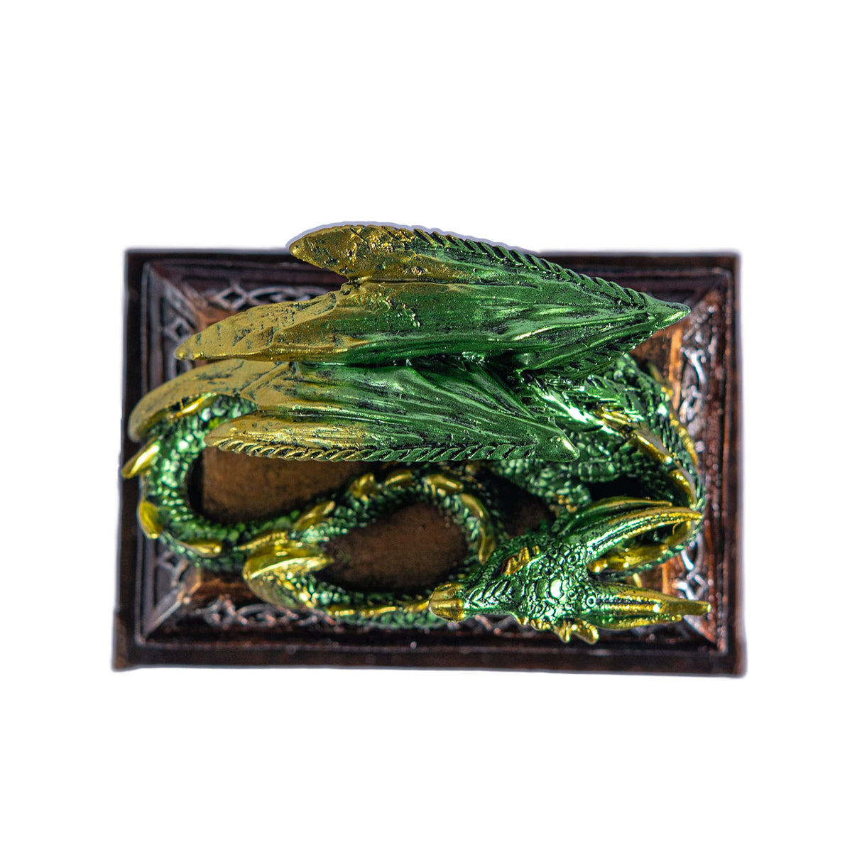 Decorative box with a green dragon on top  and bronze-brown box, shown top down