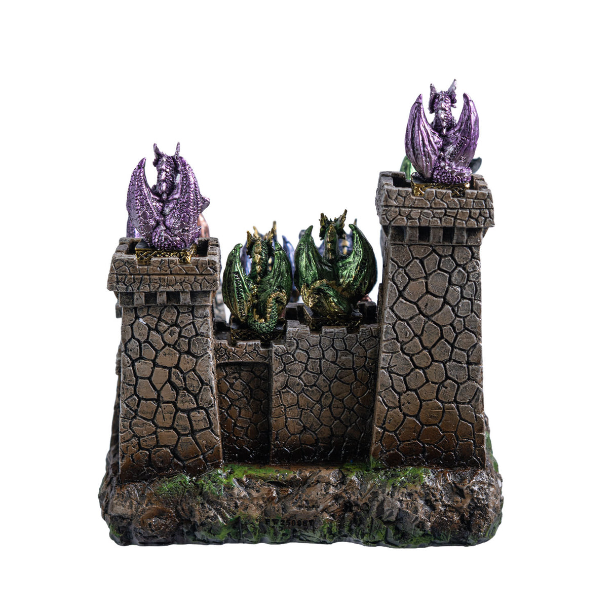 Decorative castle with dragon figurines, shown from the back