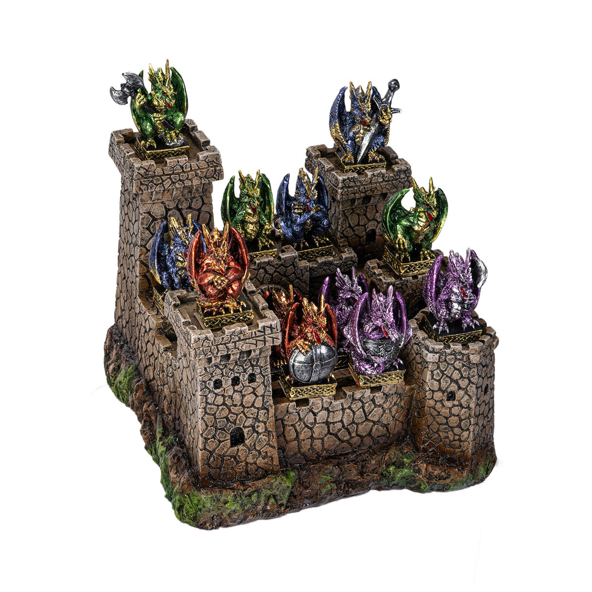 Decorative castle with colorful dragons on a white background