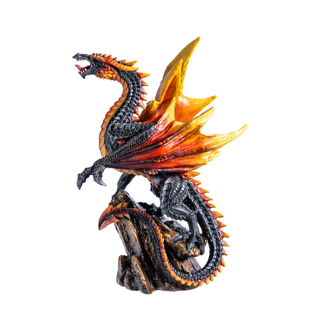 Dragon figurine with fiery orange and black colors, perched on a rock