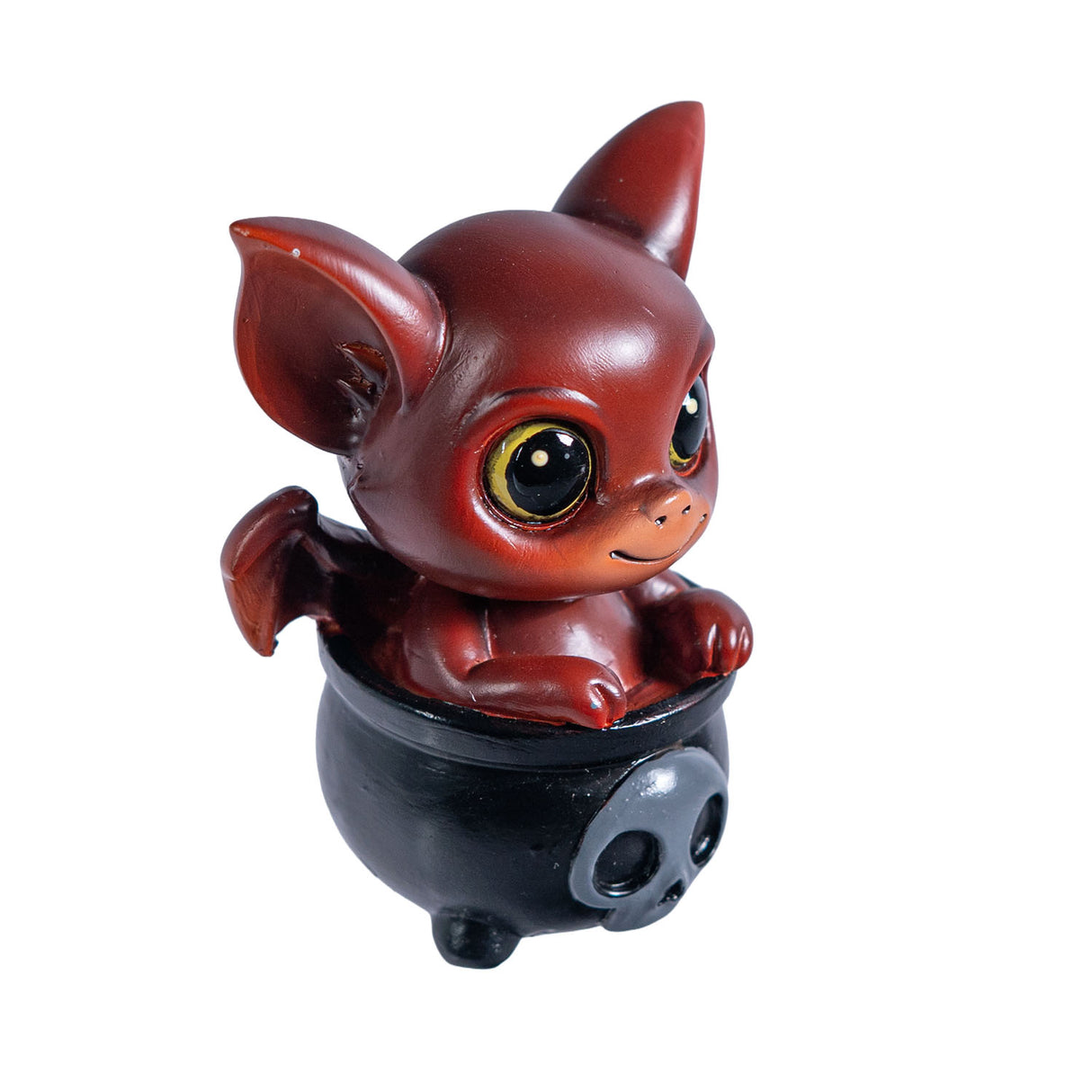 Red dragon imp in a black cauldron figurine
