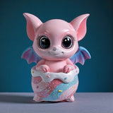 Pink dragon in a striped cauldron with glitter