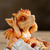 Closeup of orange dragon with fiery eyes, covering his ears