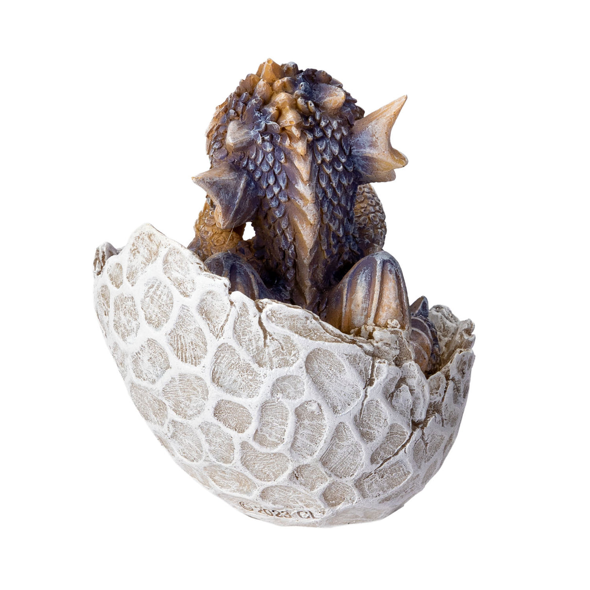 Dragon figurine hatching from an egg , shwon from the back, tan and brown scales