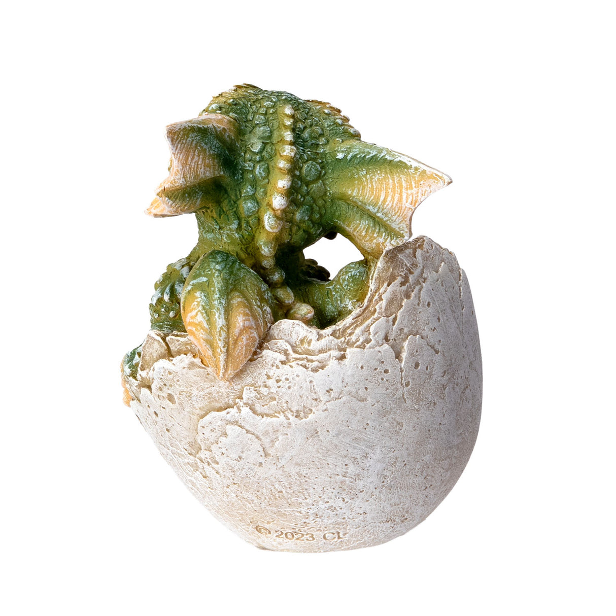 Green baby dragon emerging from an egg, shown from the back