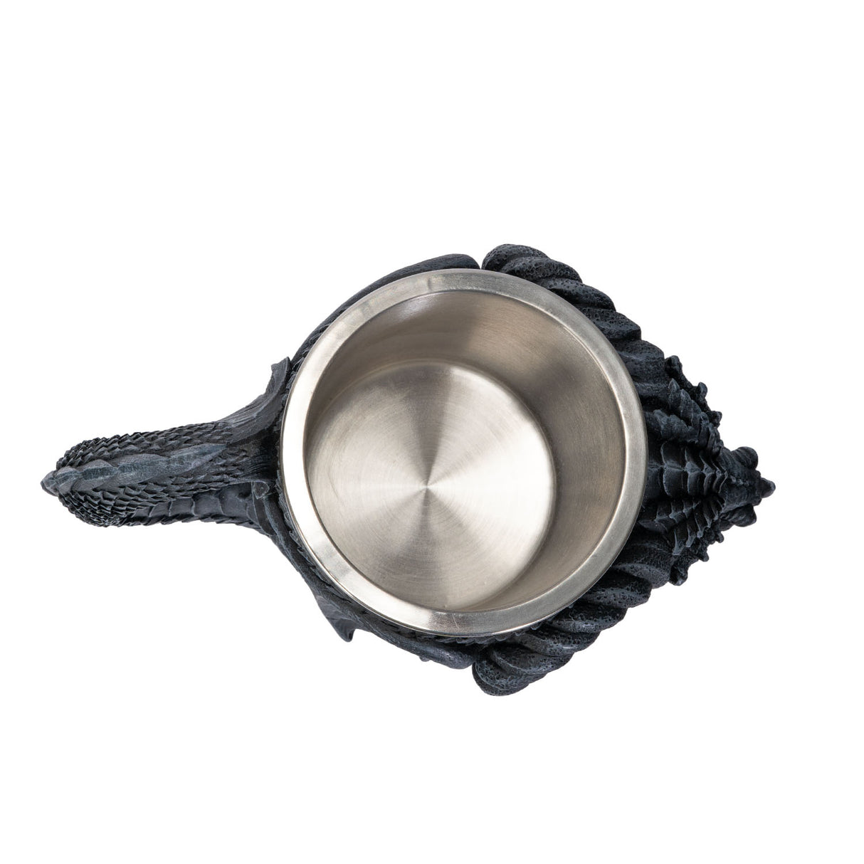 Dragon-shaped mug with a stainless steel interior. Shown top down