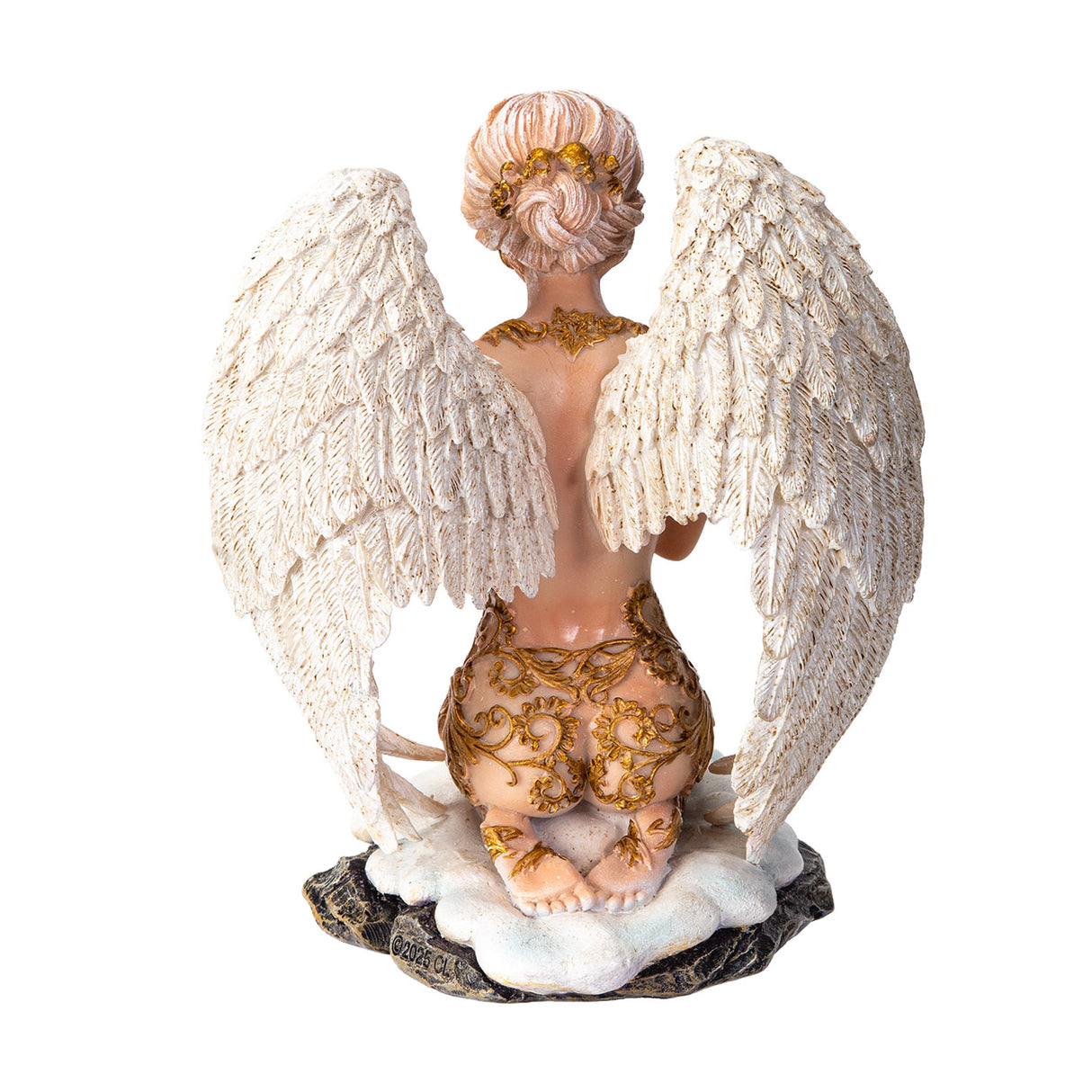Figurine of a pale-haired angel praying in the snow with white feathered wings and golden swirl accents, back view