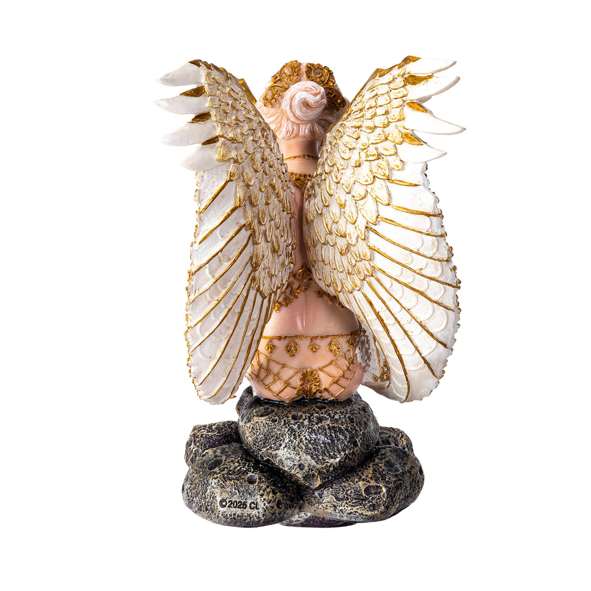 Figurine of a nude angel in gold accents with pale hair and white wings, shown from the back