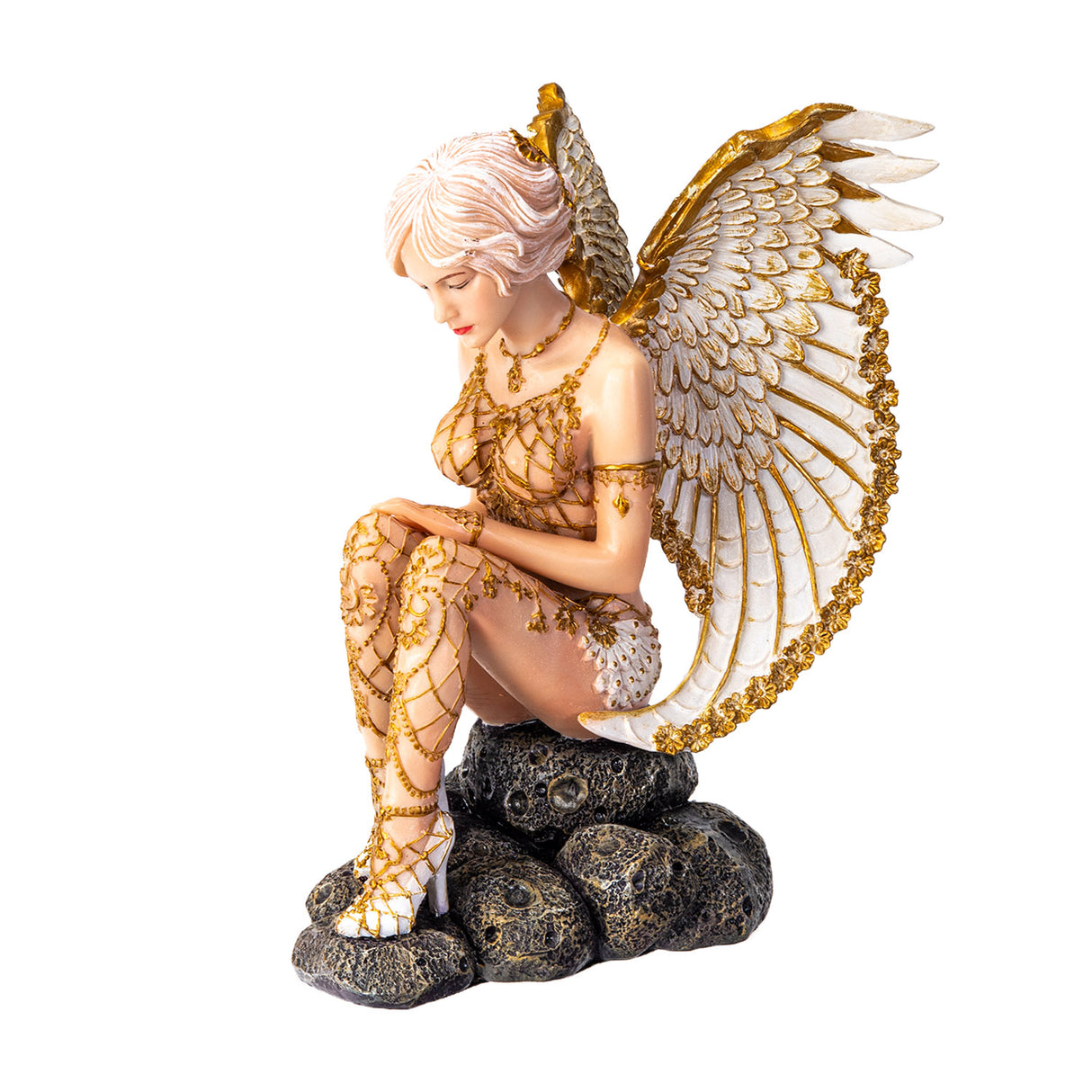 Figurine of a nude angel in gold accents with pale hair and white wings