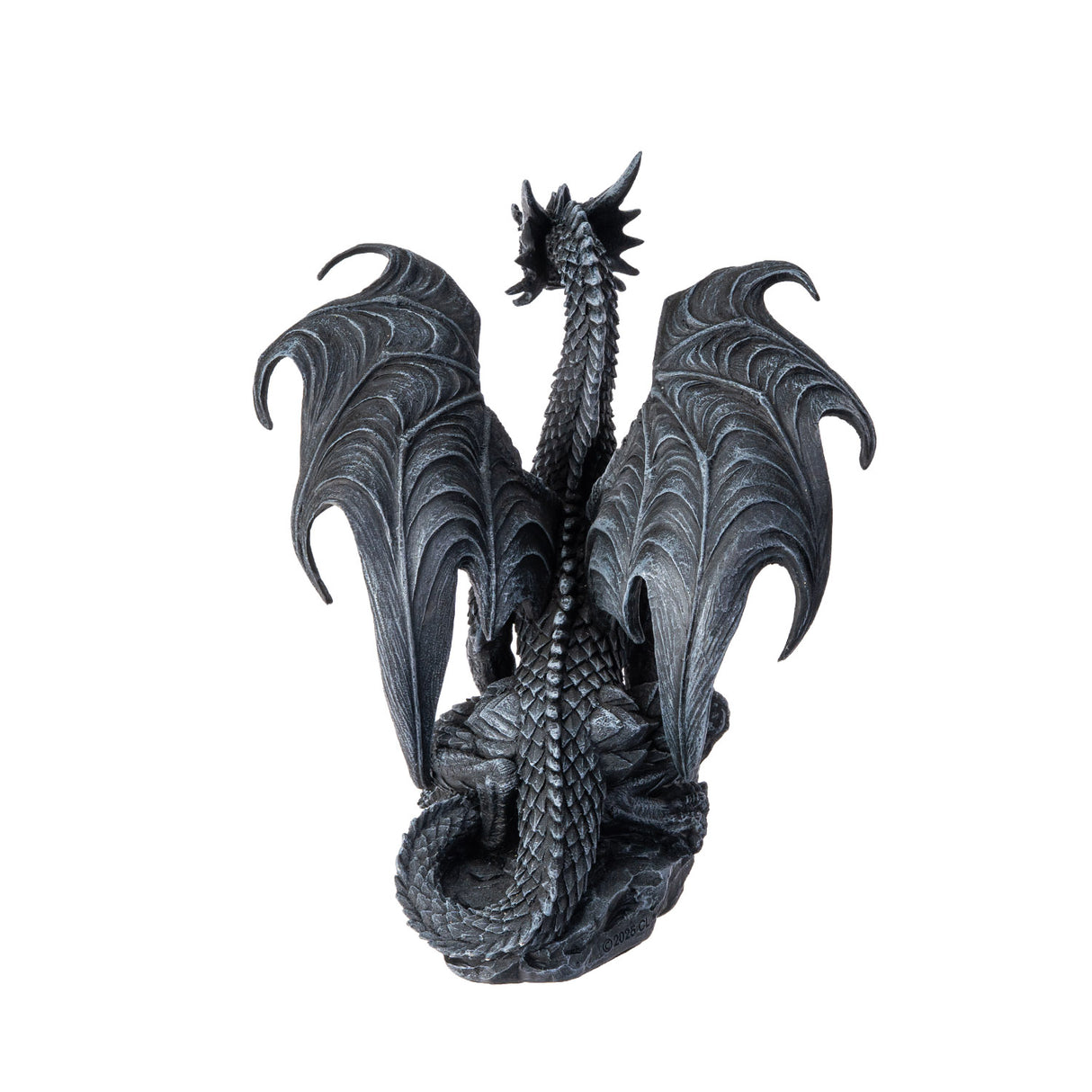 Figurine of a dragon, faux-stone black-gray coloring. Shown from the back