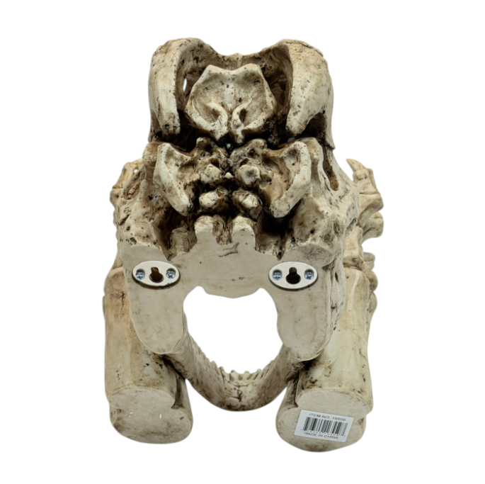 A dinosaur skeleton head toilet paper holder - shown from the back with mounting holes
