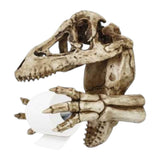 A dinosaur skeleton head toilet paper holder