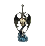 A decorative letter opener sword pierced through a skull with a dragon wrapped around and a crystal base