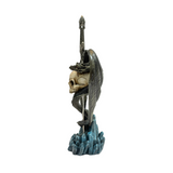 A decorative letter opener sword pierced through a skull with a dragon wrapped around and a crystal base