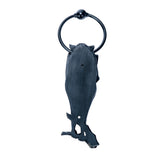 A black bat door knocker featuring a detailed bat sculpture hanging from a branch, with a circular ring at the bottom, shown from the back