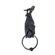 A black bat door knocker featuring a detailed bat sculpture hanging from a branch, with a circular ring at the bottom, shown against a plain white background.