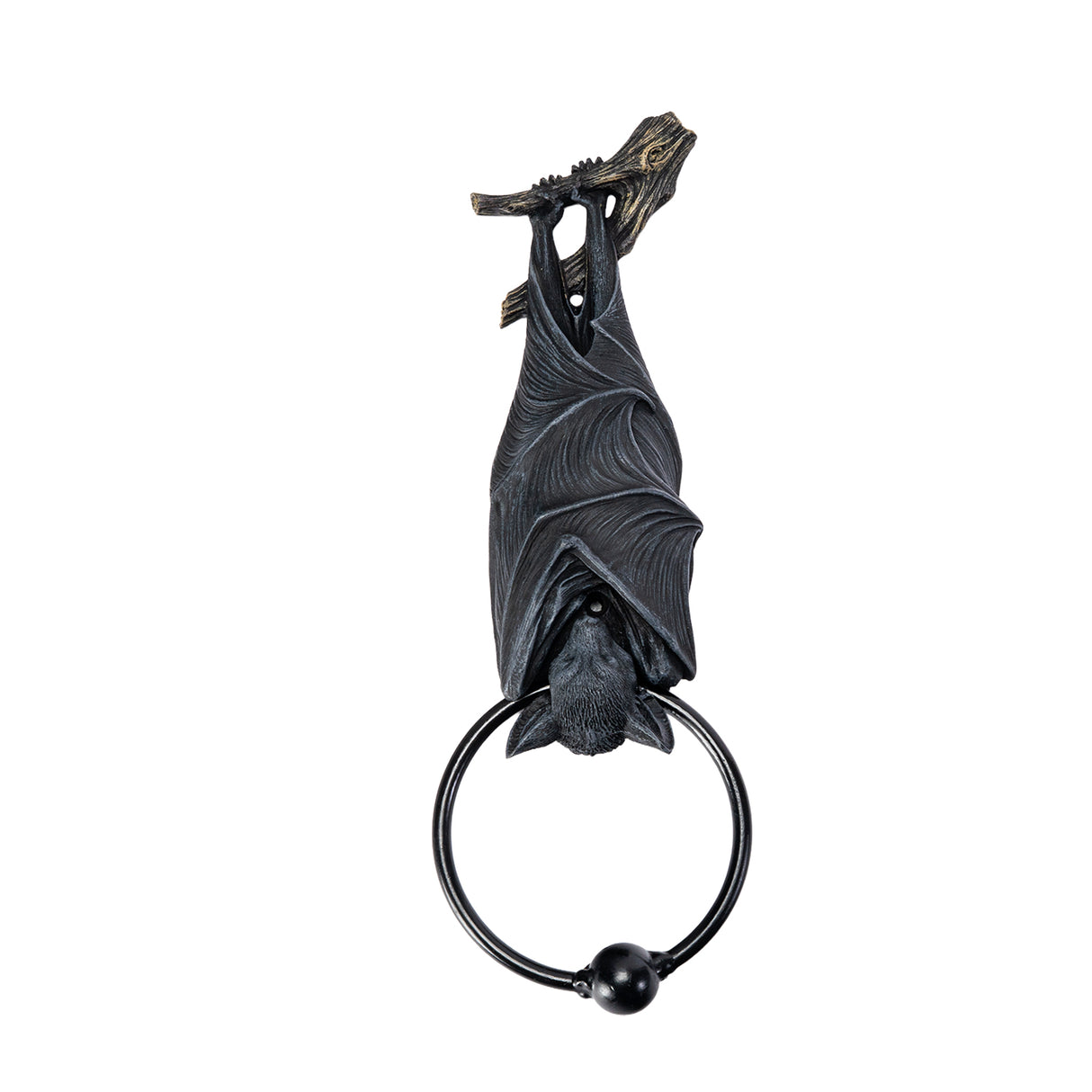 A black bat door knocker featuring a detailed bat sculpture hanging from a branch, with a circular ring at the bottom, shown against a plain white background.