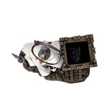 A medieval Templar knight figurine in chainmail and white surcoat with a red cross, holding a spear next to a small stone castle tower  that doubles as a utility desk caddy/pen holder, shown top down