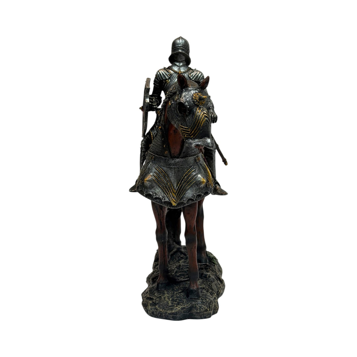 A detailed equestrian statue of a knight in full armor riding a horse. Shown head-on