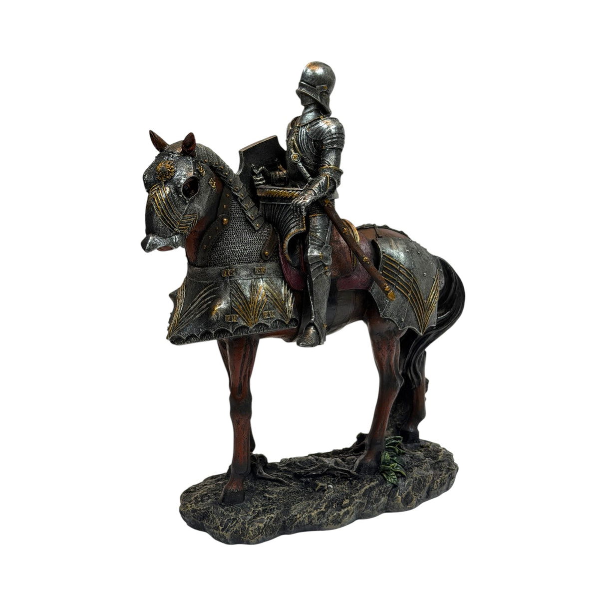 A detailed equestrian statue of a knight in full armor riding a horse, set against a plain white background.