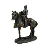 A detailed equestrian statue of a knight in full armor riding a horse, set against a plain white background.