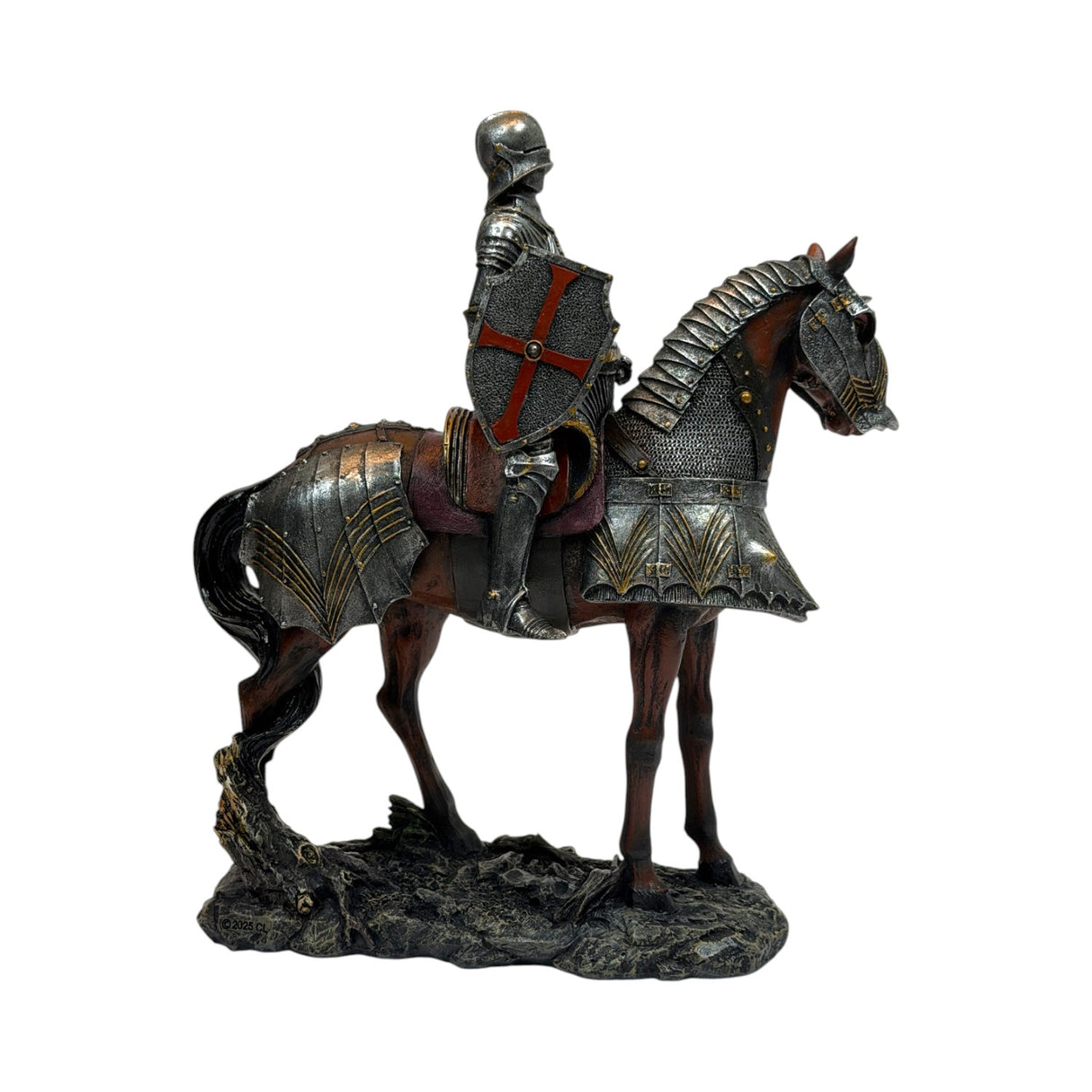 A detailed equestrian statue of a knight in full armor riding a horse