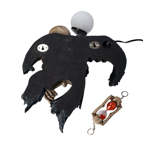 A wall lamp featuring a skeleton in black torn robe holding an orb light in one hand, hourglass in the other - shown from the back with mounting holes