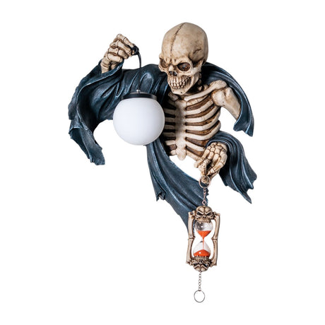 A wall lamp featuring a skeleton in black torn robe holding an orb light in one hand, hourglass in the other