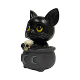 Figurine of a black cat in a cauldron with a skull