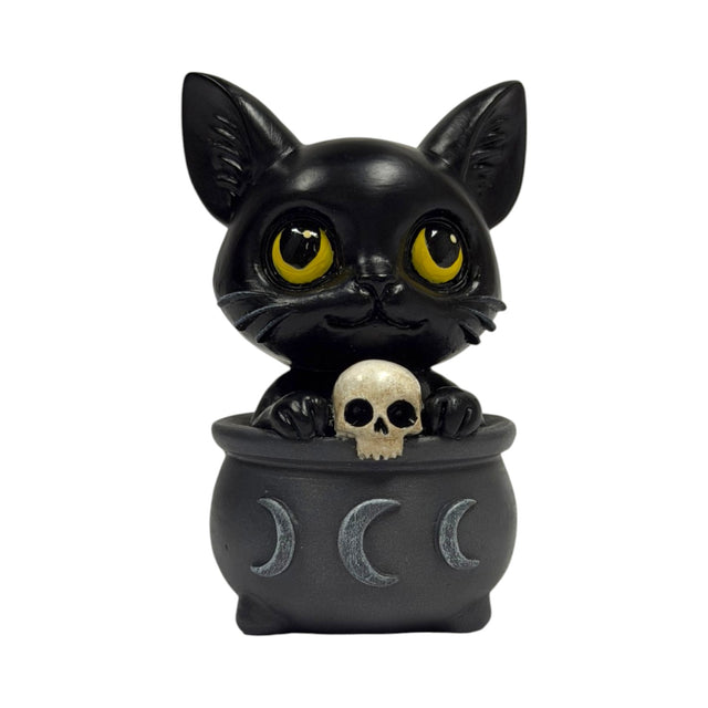 Figurine of a black cat in a cauldron with a skull