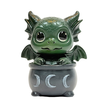 Figurine, green dragon in black cauldron with moon designs