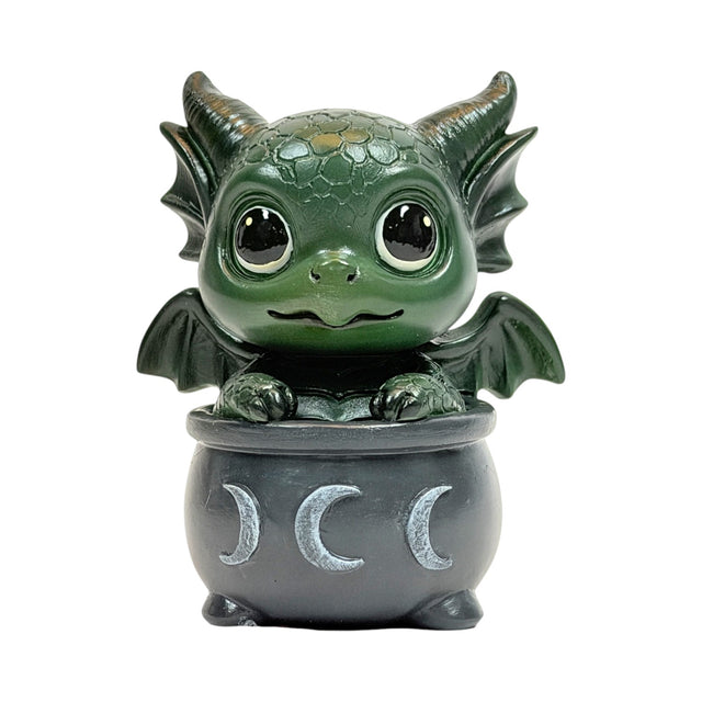 Figurine, green dragon in black cauldron with moon designs