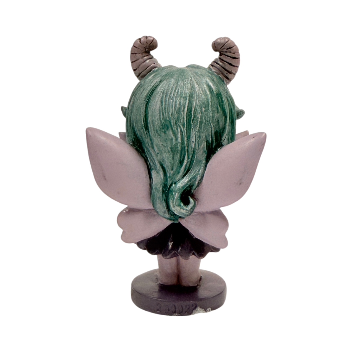 Spirit Fairies figurine, pastel green and purple-gray pixie, shown from the back
