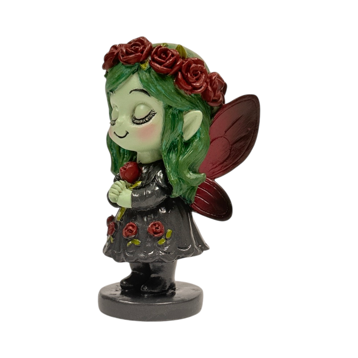 Spirit Fairies figurine - green pixie with red roses and black dress