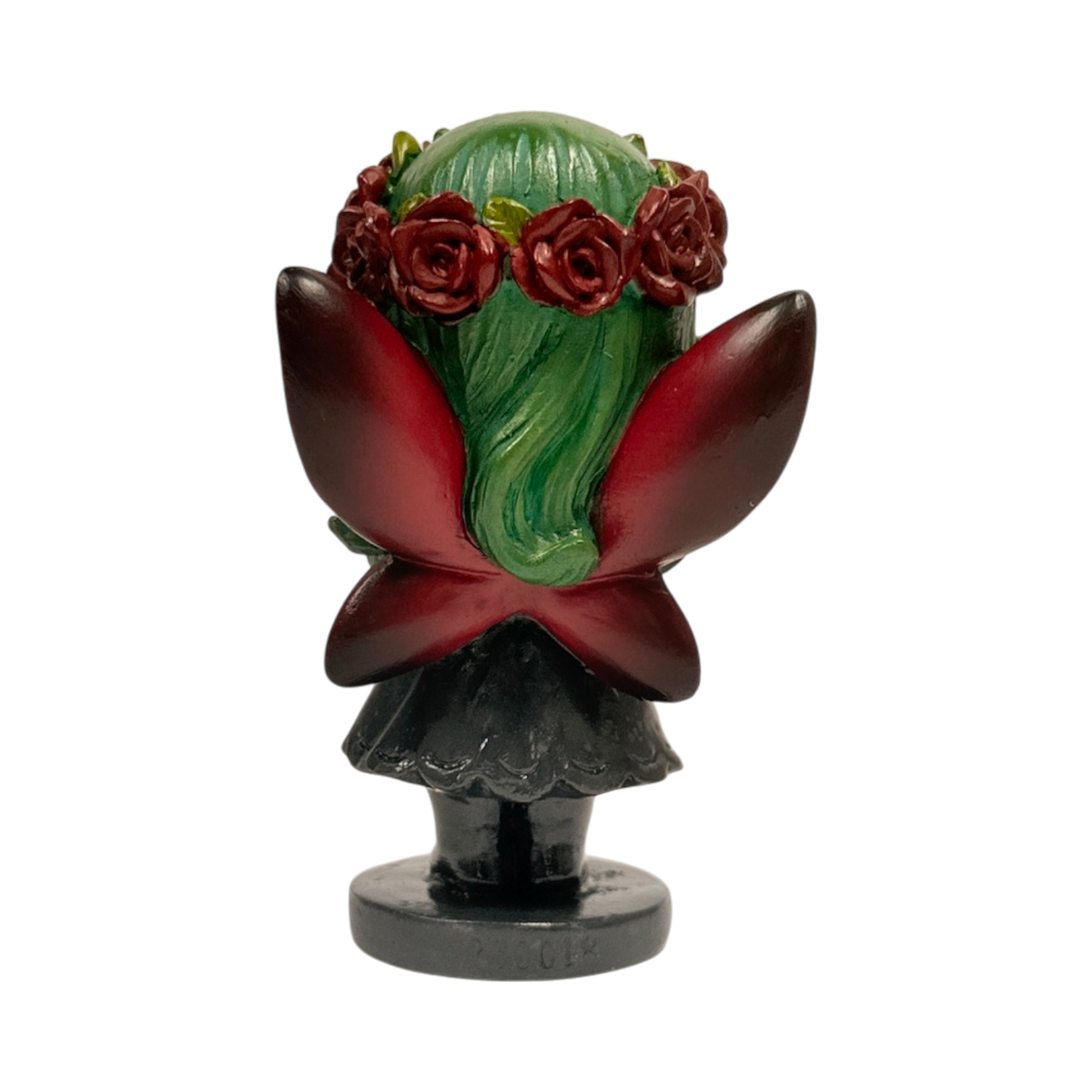 Spirit Fairies figurine - green pixie with red roses and black dress, shown from the back