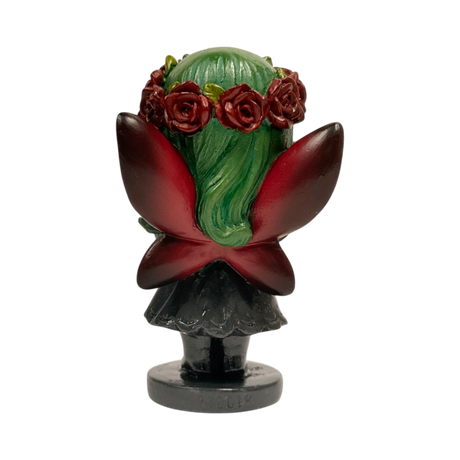 Spirit Fairies figurine - green pixie with red roses and black dress, shown from the back