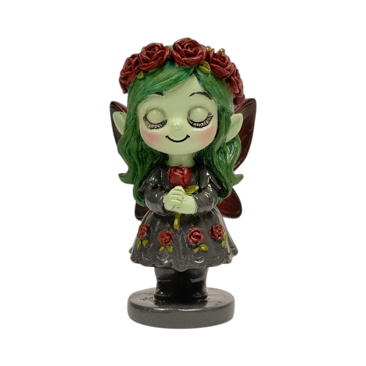 Spirit Fairies figurine - green pixie with red roses and black dress