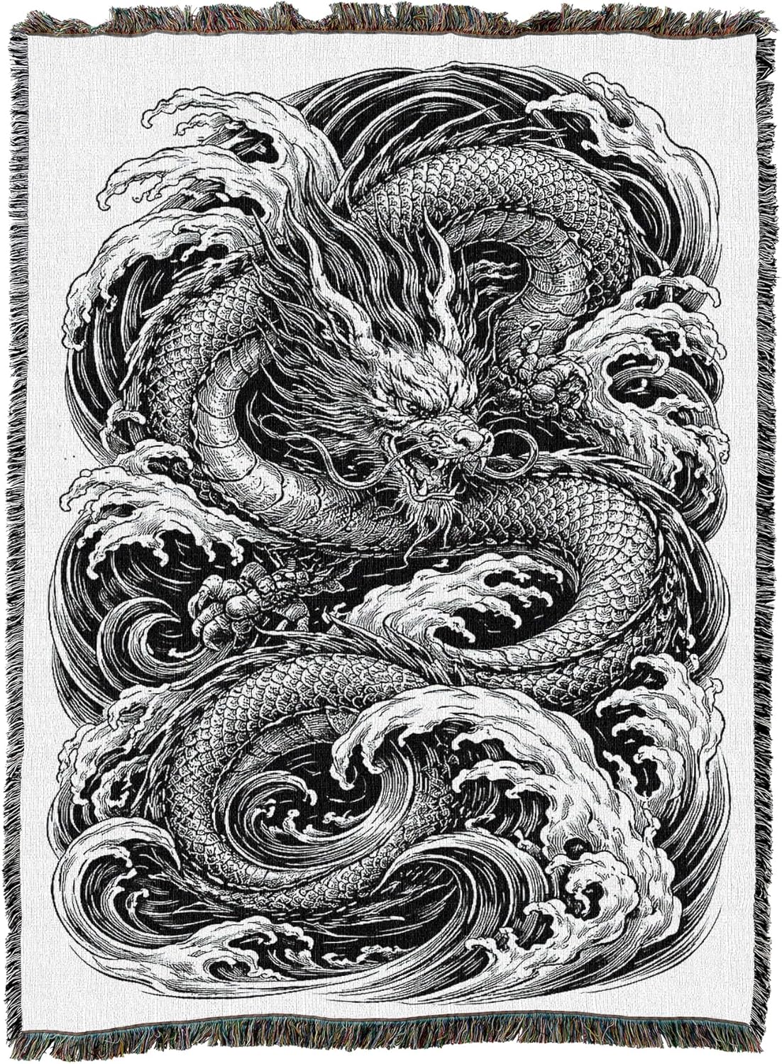 Tapestry blanket in black and white with water dragon