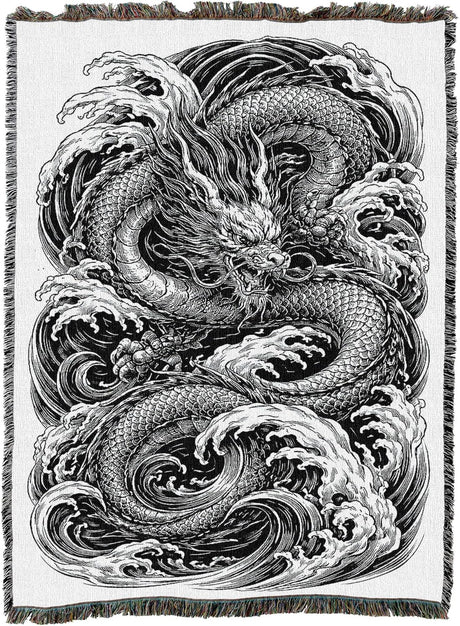Tapestry blanket in black and white with water dragon