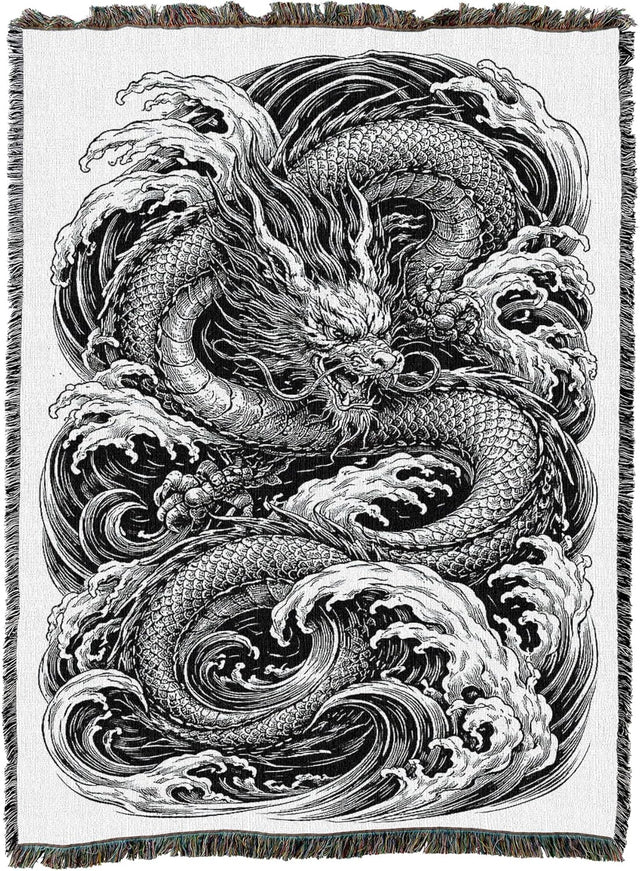 Tapestry blanket in black and white with water dragon