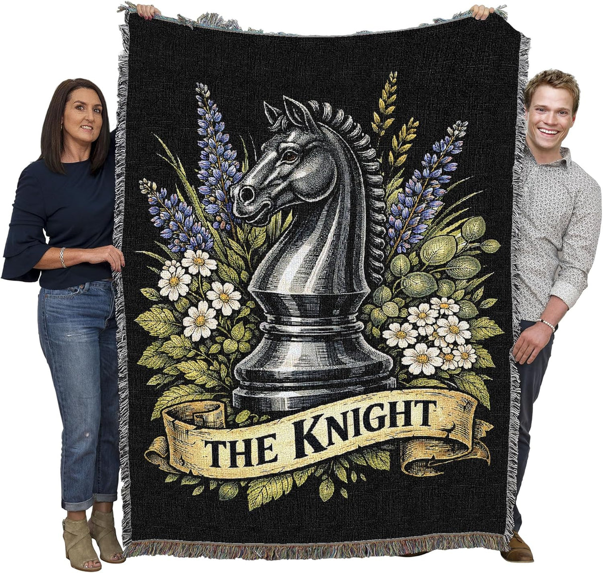 Blanket with a knight chess piece design held by two people