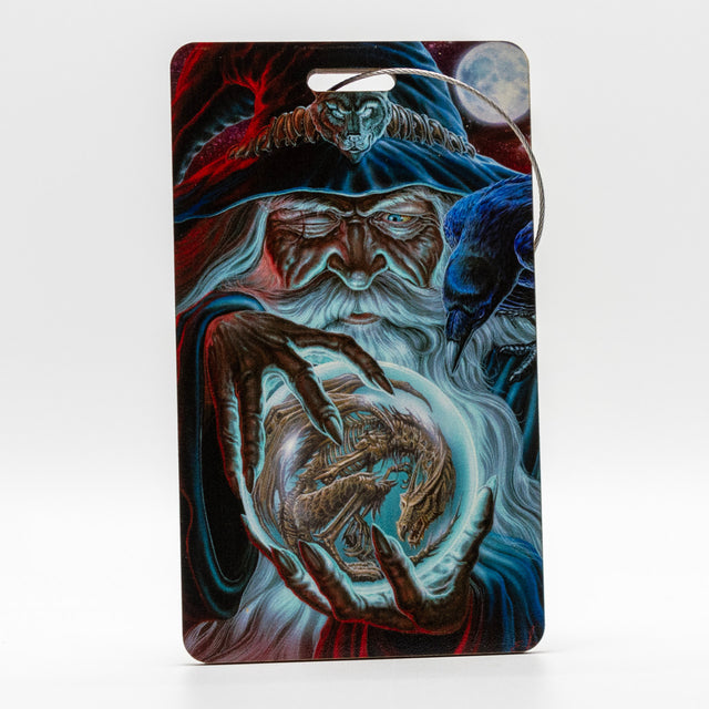 Luggage tag with fantasy design of a wizard holding an orb with a dragon inside