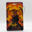 Luggage tag with a dragon design on a fiery background