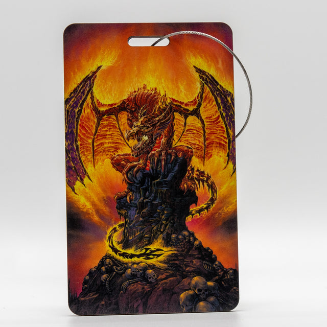 Luggage tag with a dragon design on a fiery background